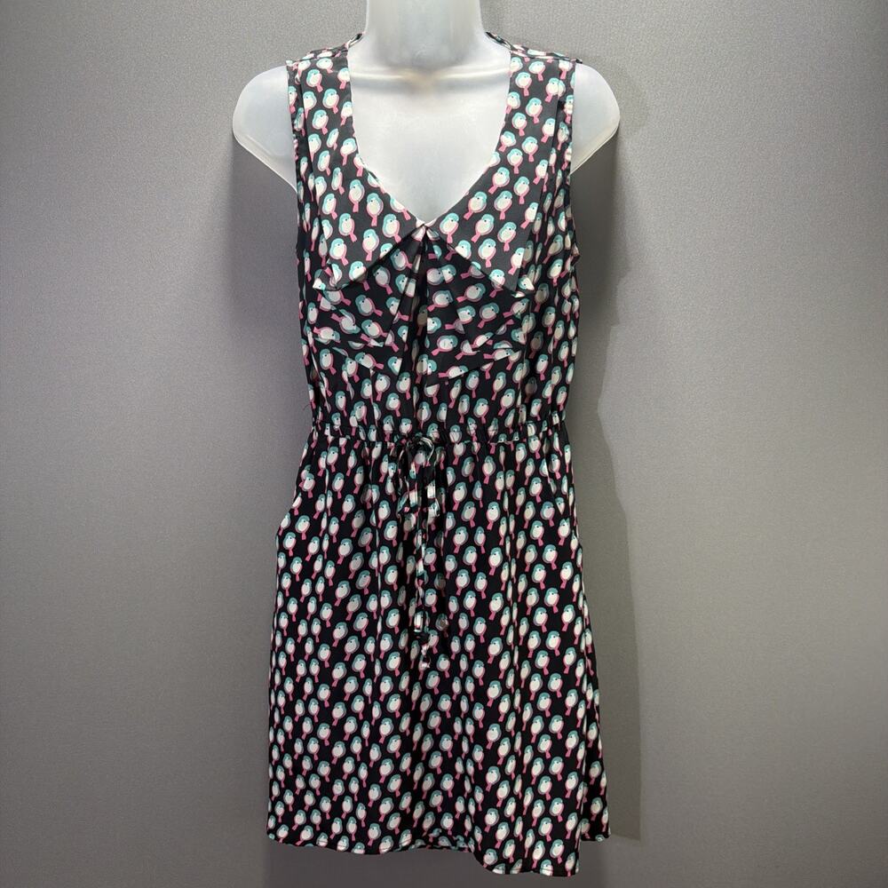 BeBop Dress Womens M Black Bird Print Ruffle V Neck Hi Low Drawstring Waist